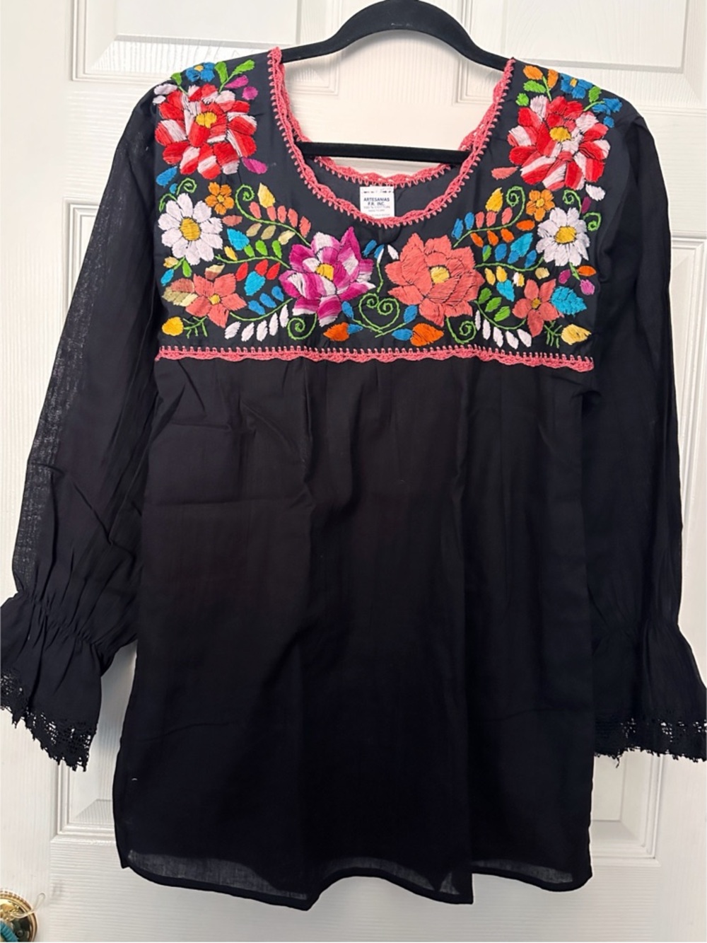 Mexican Embroidered Gauze Top 3/4 Sleeve